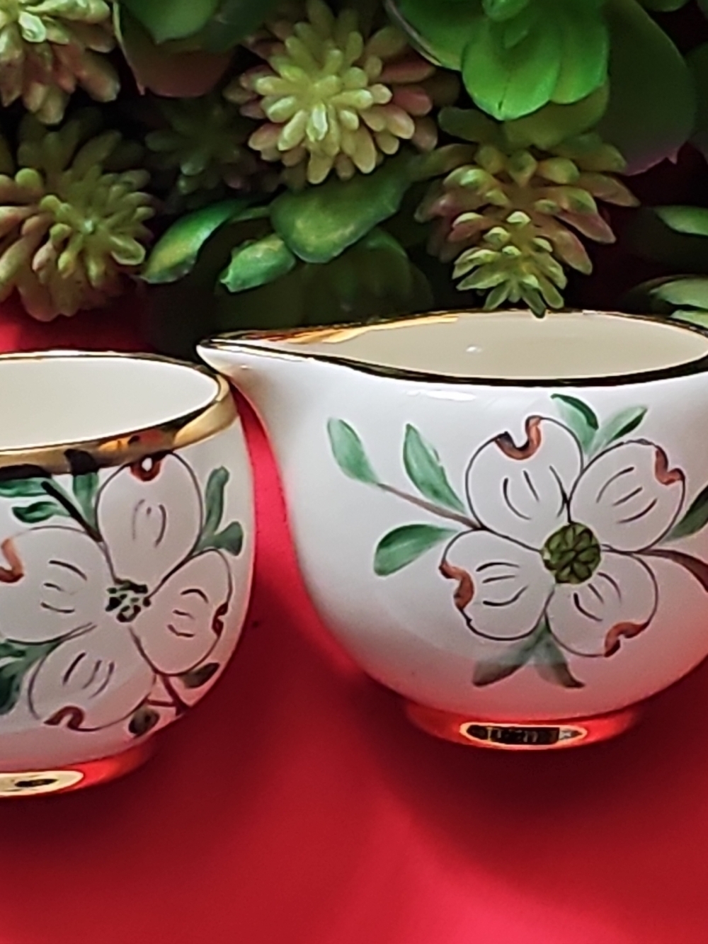 Vintage Set White Floral Porcelain Creamer and Sugar Bowl with Gold Trim